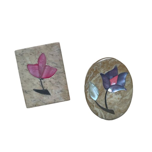 Vintage Soapstone Small Trinket/Jewelry/Ring Boxes Pearly Inlay Flower Set of 2 - Picture 2 of 5